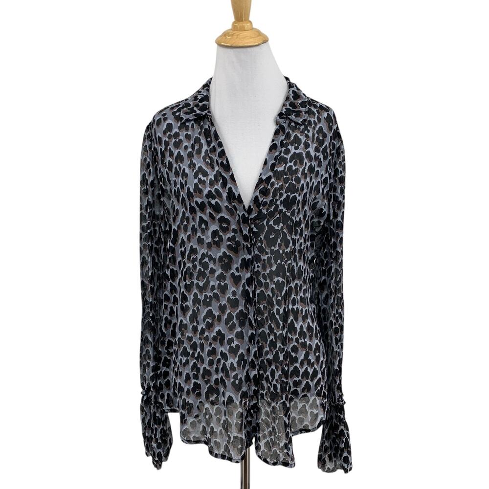Paige Blouse Women L Large Leopard Print Sheer Long Sleeve Collared Button Front
